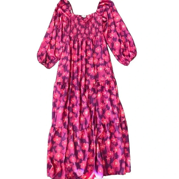 PEACH LOVE CALIFORNIA Tiered Floral Maxi Dress Size Small Tropical Purple Pink - Picture 1 of 8